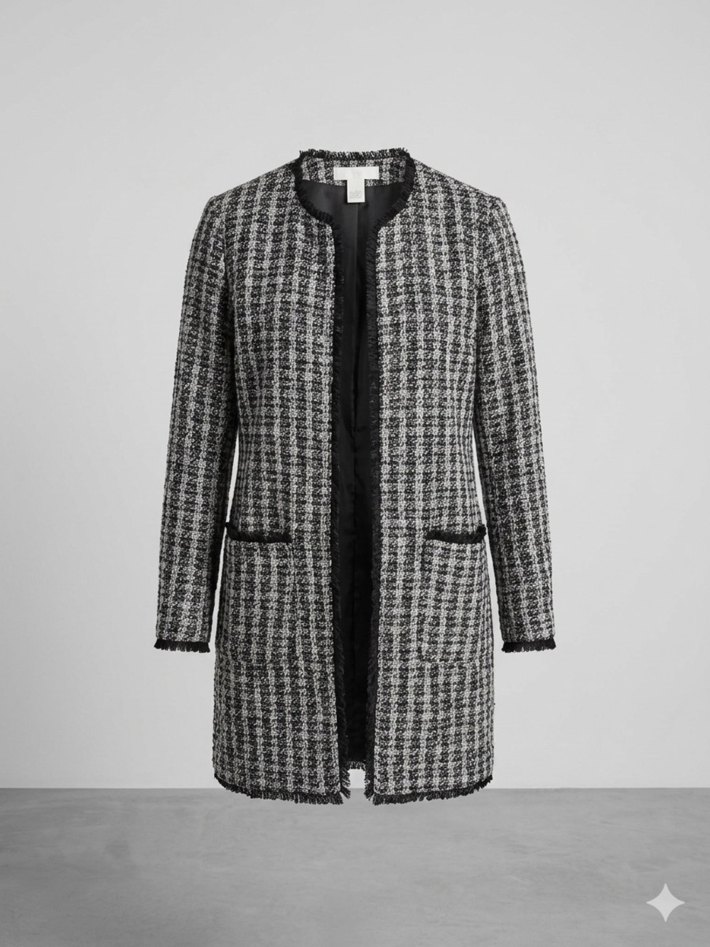 H&M Black & Gray Tweed Collarless Coat